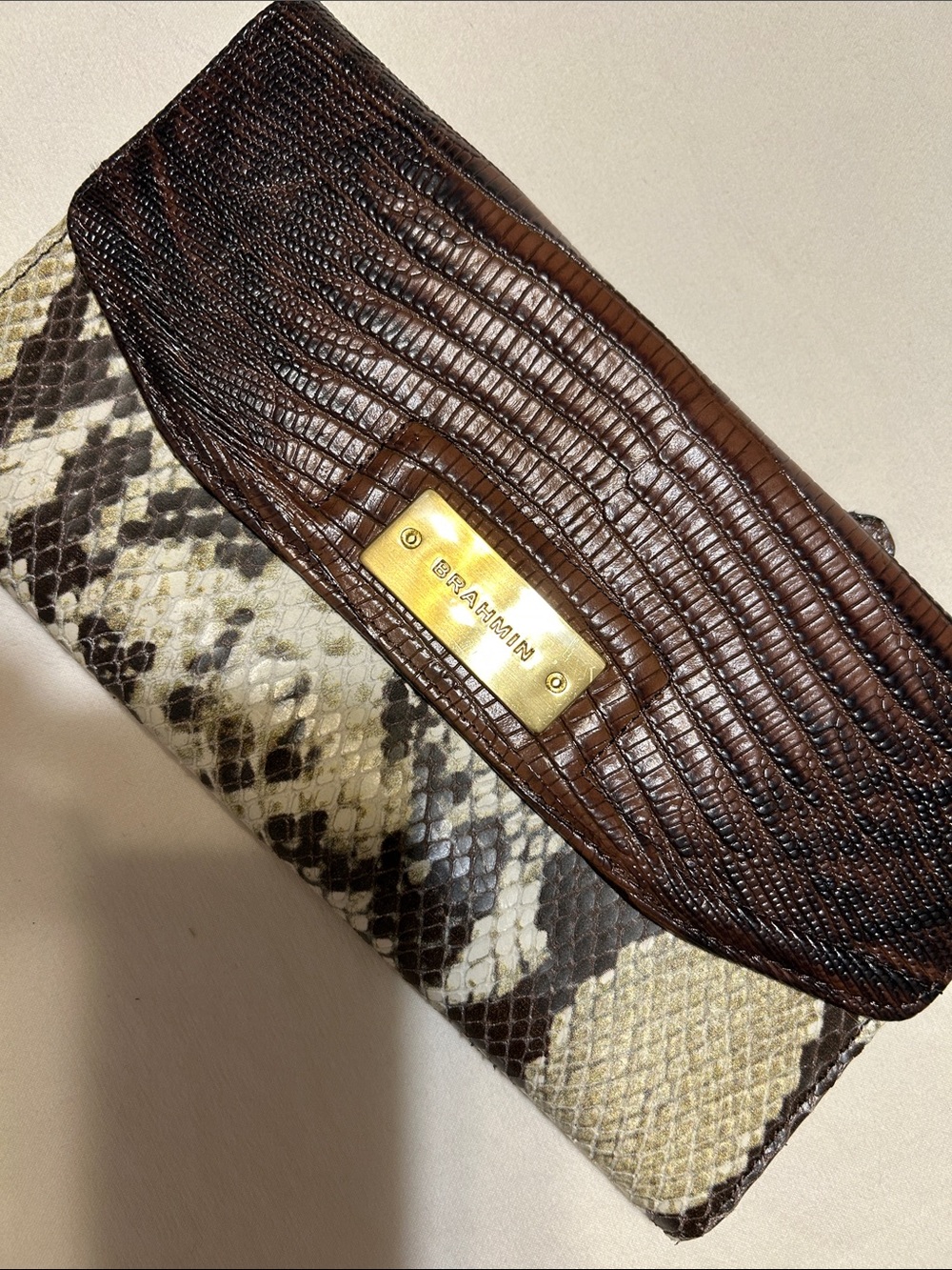 Brahmin Brown & Natural Snake-Print Leather Clutch